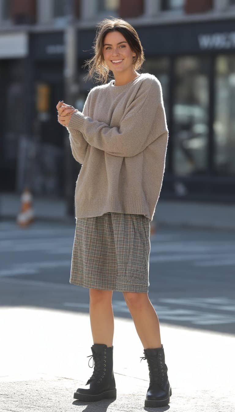 A young woman standing on a city street wearing combat boots, a plaid skirt, and an oversized sweater, smiling naturally with her full body and feet visible.