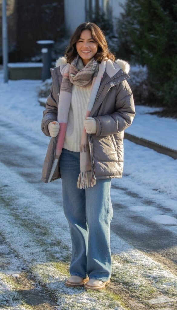 A young woman standing outdoors on a snowy street, wearing a warm winter outfit and smiling naturally.