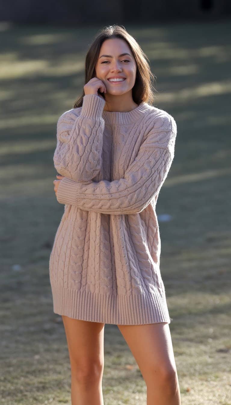 A young woman standing outdoors wearing a warm sweater dress, smiling gently with natural lighting and the ground visible beneath her.