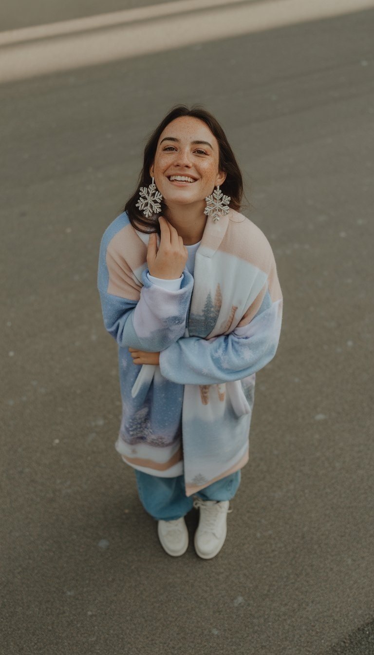 A young woman stands outside wearing winter clothes and snowflake earrings, looking relaxed and natural.