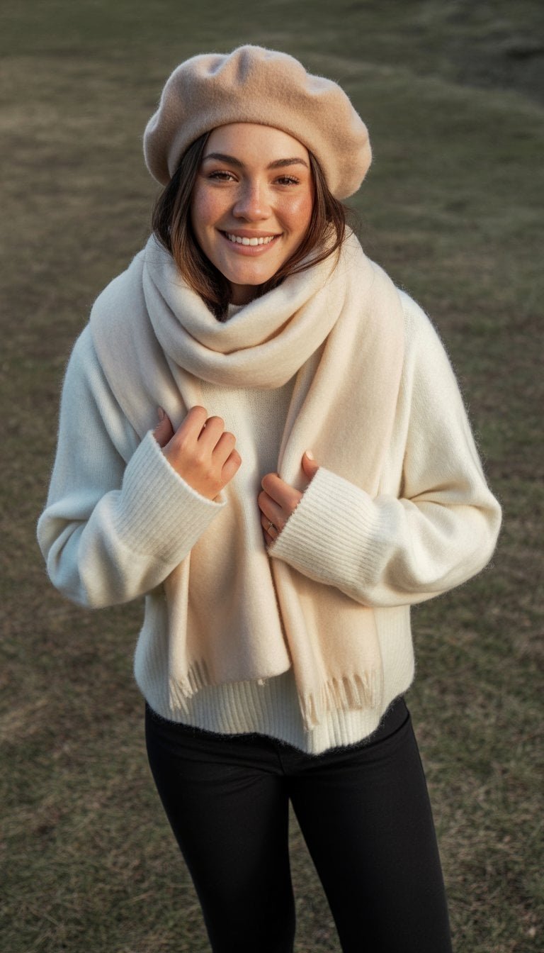 A young woman wearing a cream beret and scarf stands outdoors on the ground, looking relaxed and natural.