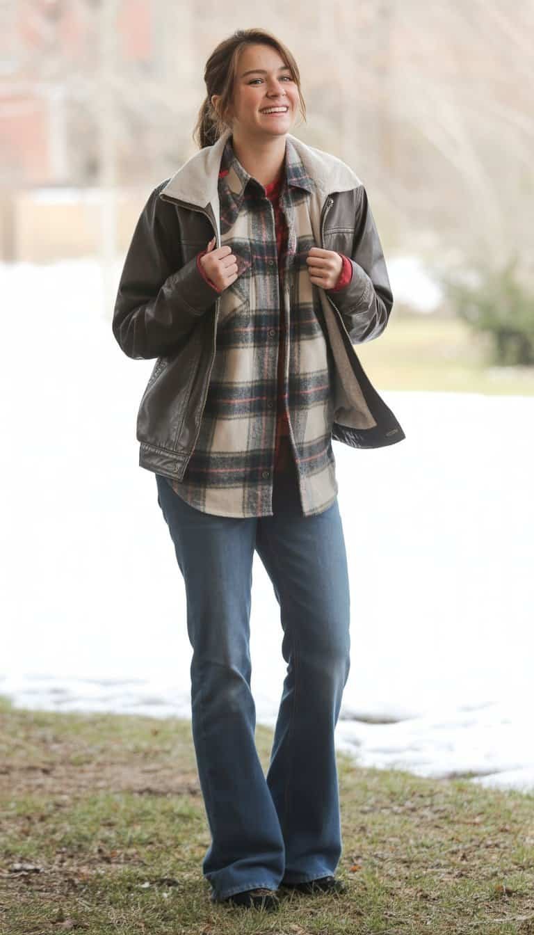 A young woman standing outdoors on the ground, wearing a plaid shirt and leather jacket, looking relaxed and natural.