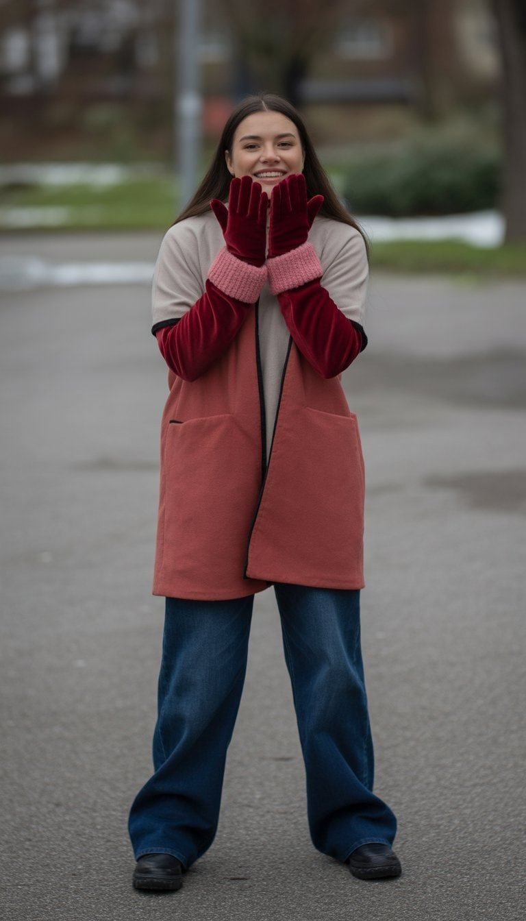 A young woman standing outdoors wearing red velvet gloves and winter clothes, smiling naturally with the ground visible beneath her.