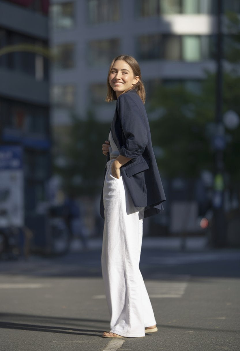 A young woman standing outdoors wearing white wide-leg trousers and a navy blazer, captured in a natural, candid moment with visible footwear.