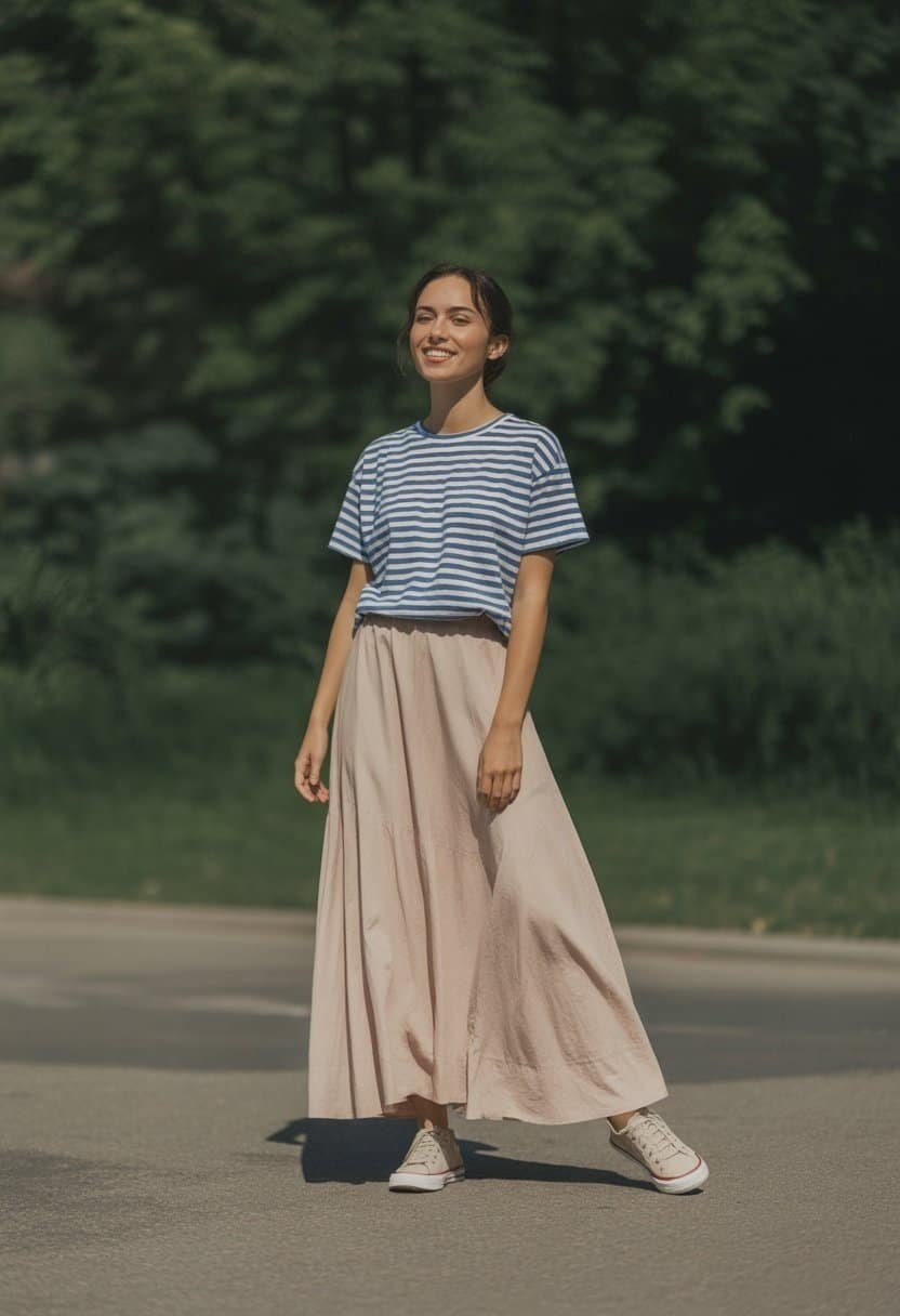 A young woman standing outdoors wearing a long skirt and striped shirt, smiling naturally with visible shoes.