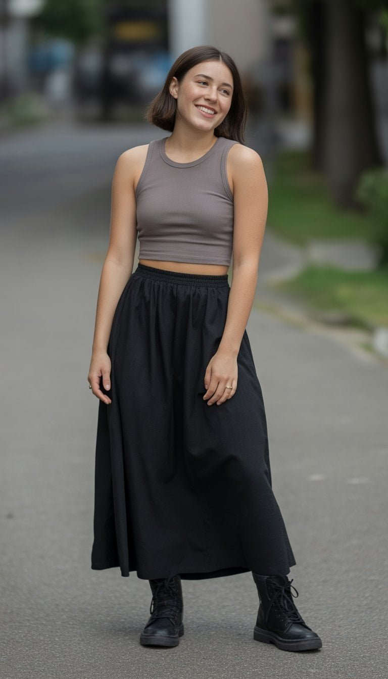A young woman standing outdoors on a quiet street, wearing a long black skirt and a cropped top, smiling gently with natural lighting.