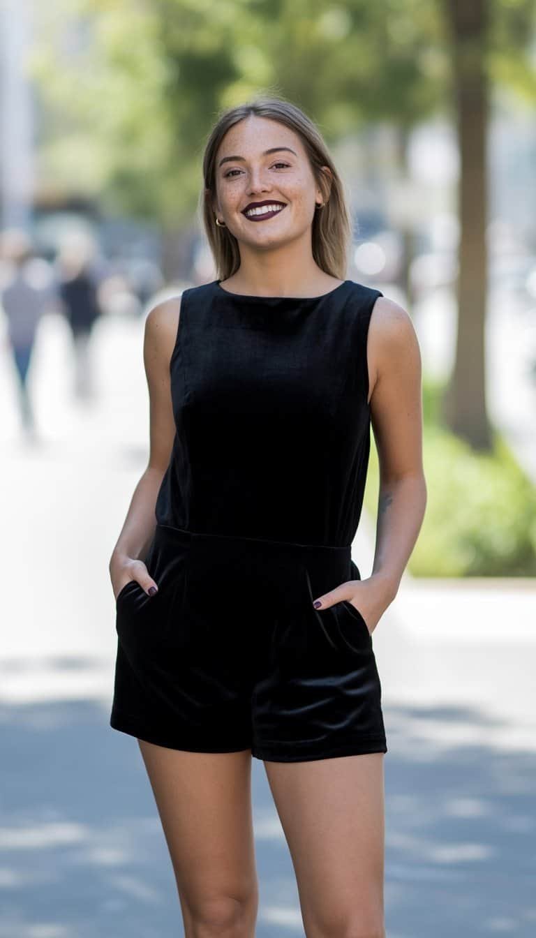 A young woman standing outdoors in a city setting, wearing a black outfit and dark lipstick, smiling naturally with visible shoes.