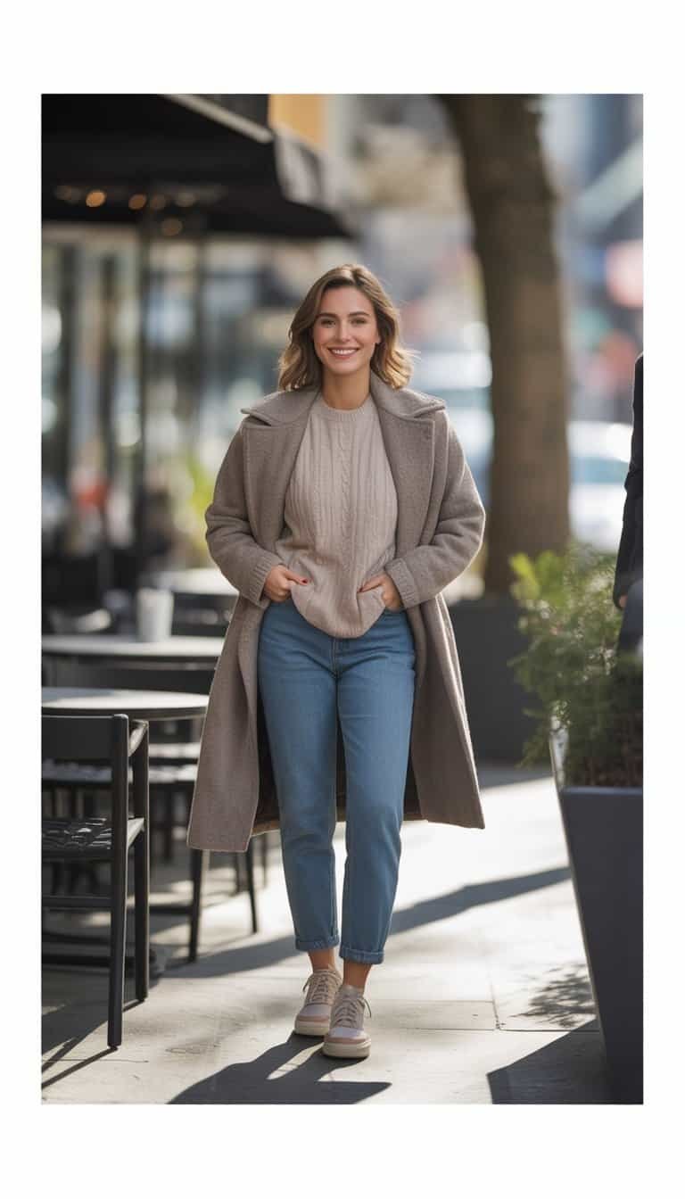 A young woman standing outdoors in a winter outfit, smiling gently with full body visible including her boots, in a casual street setting.