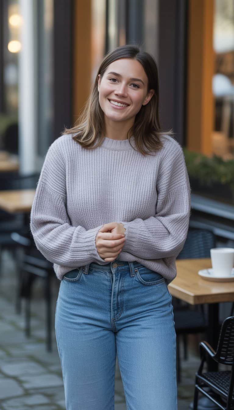A young woman standing outdoors at a café patio wearing a chunky knit sweater and high-waisted jeans, smiling naturally.