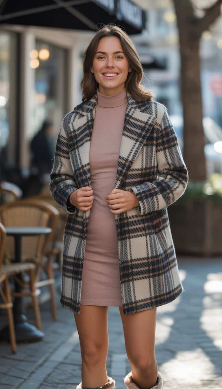A young woman stands outside in winter clothing, smiling gently with boots visible, in a casual urban setting.