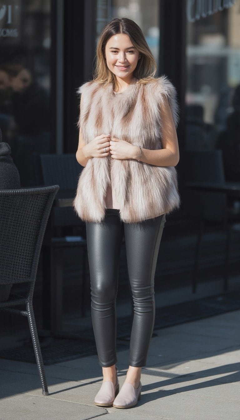 A young woman standing outdoors on a city street, wearing a faux fur vest and leather pants, smiling naturally with her full outfit and shoes visible.