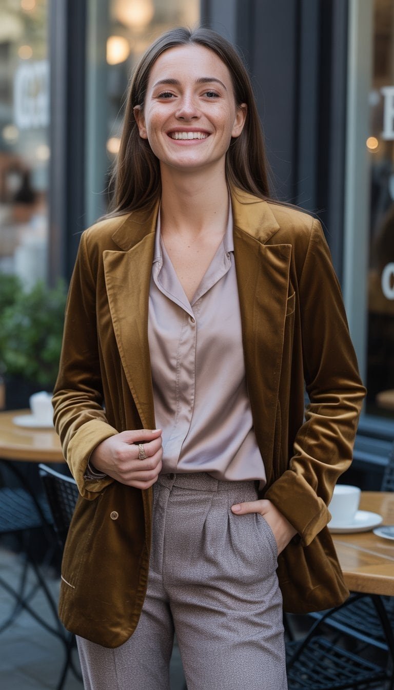 A young woman standing outdoors on a city street, wearing a blazer and trousers, smiling naturally with shoes visible.