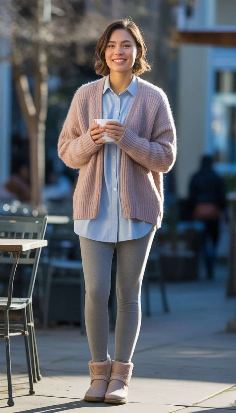 A young woman standing outside in a casual outfit with a knit cardigan, cotton shirt, leggings, and boots, smiling naturally.