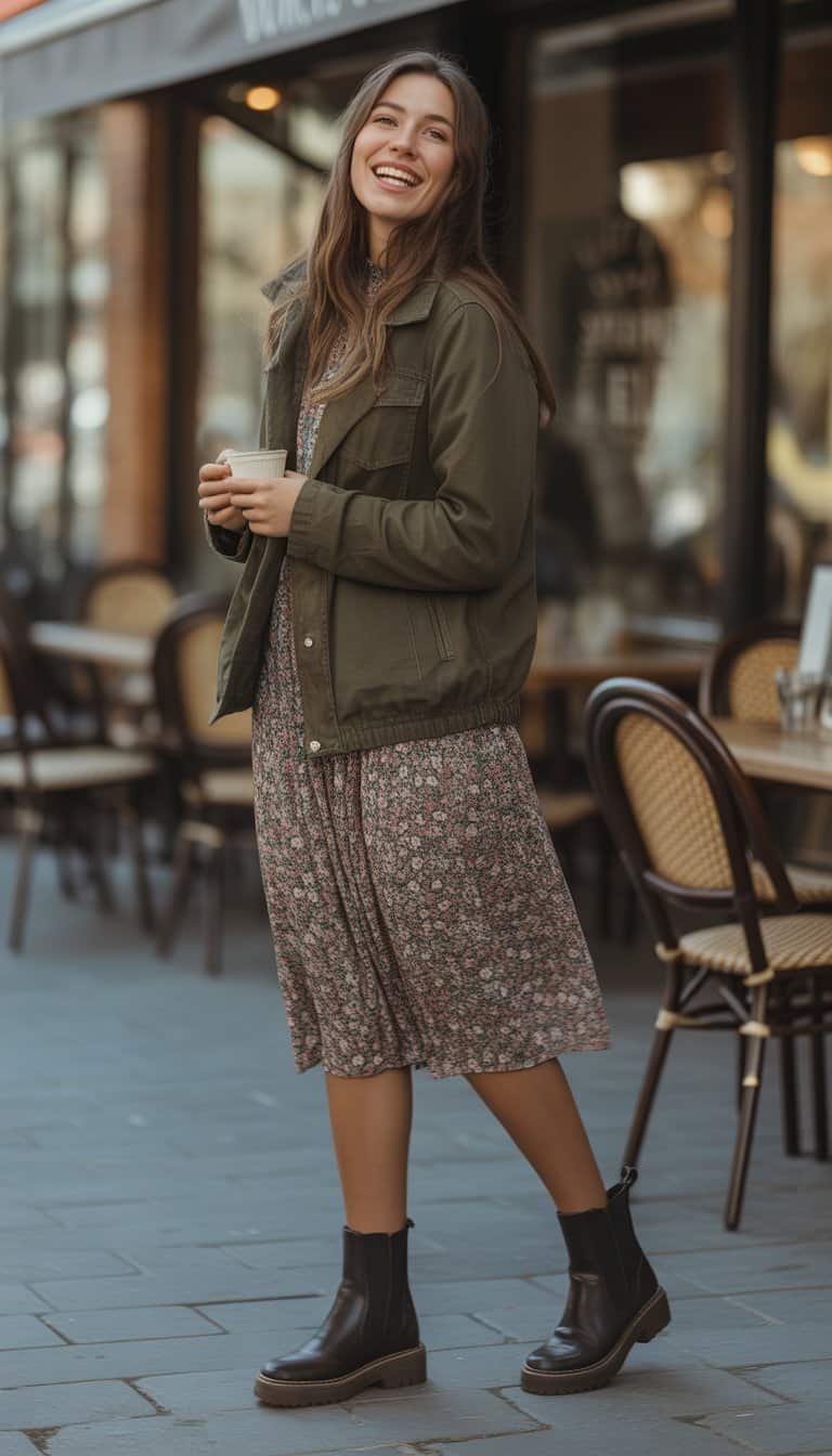 A young woman standing outdoors on a city street, wearing a floral dress, tights, and ankle boots, smiling naturally.