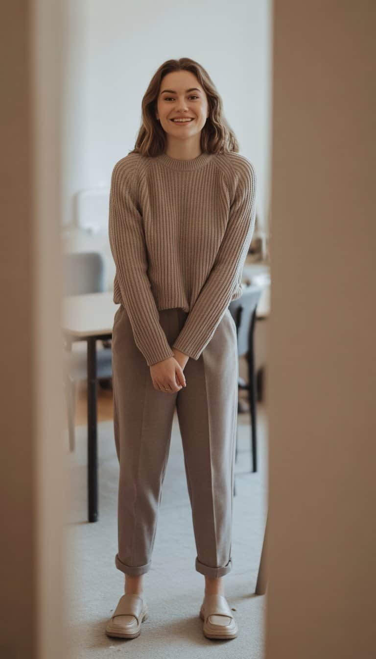 A young woman standing indoors, wearing a sweater and trousers, looking relaxed and smiling gently.
