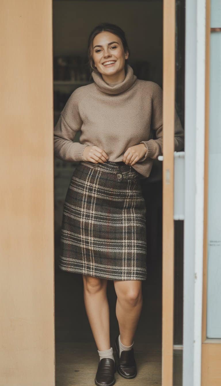 A young woman standing indoors wearing a plaid skirt and turtleneck sweater, smiling gently with visible footwear.