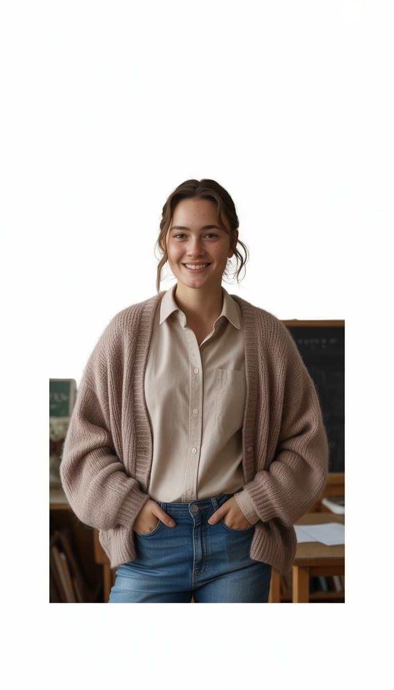 A young woman standing indoors wearing a cardigan over a button-down shirt, smiling naturally with her shoes visible.