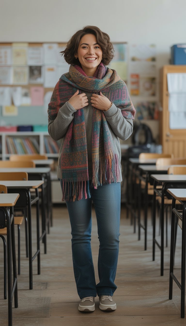 A young woman standing in a classroom wearing a colorful scarf and winter outfit, smiling naturally with her shoes visible.