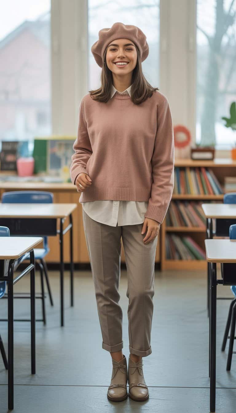 A young woman wearing a wool beret and winter outfit stands in a classroom, smiling naturally with her full outfit and boots visible.