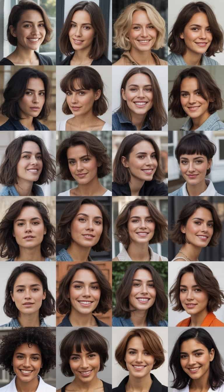 A group of women shown from the shoulders up, each with a long angled bob haircut, posing naturally in a softly lit everyday setting.