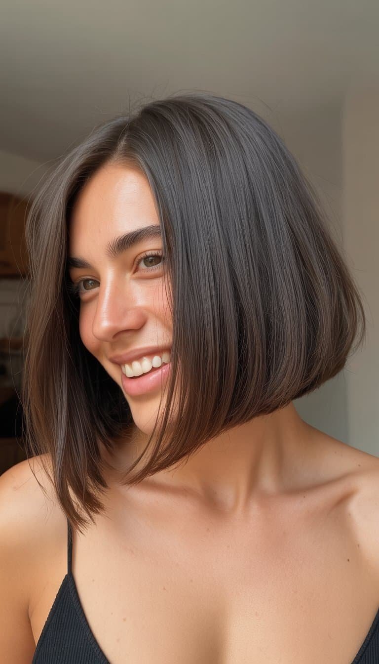 A person smiling in a softly lit casual setting, shown from the shoulders up.