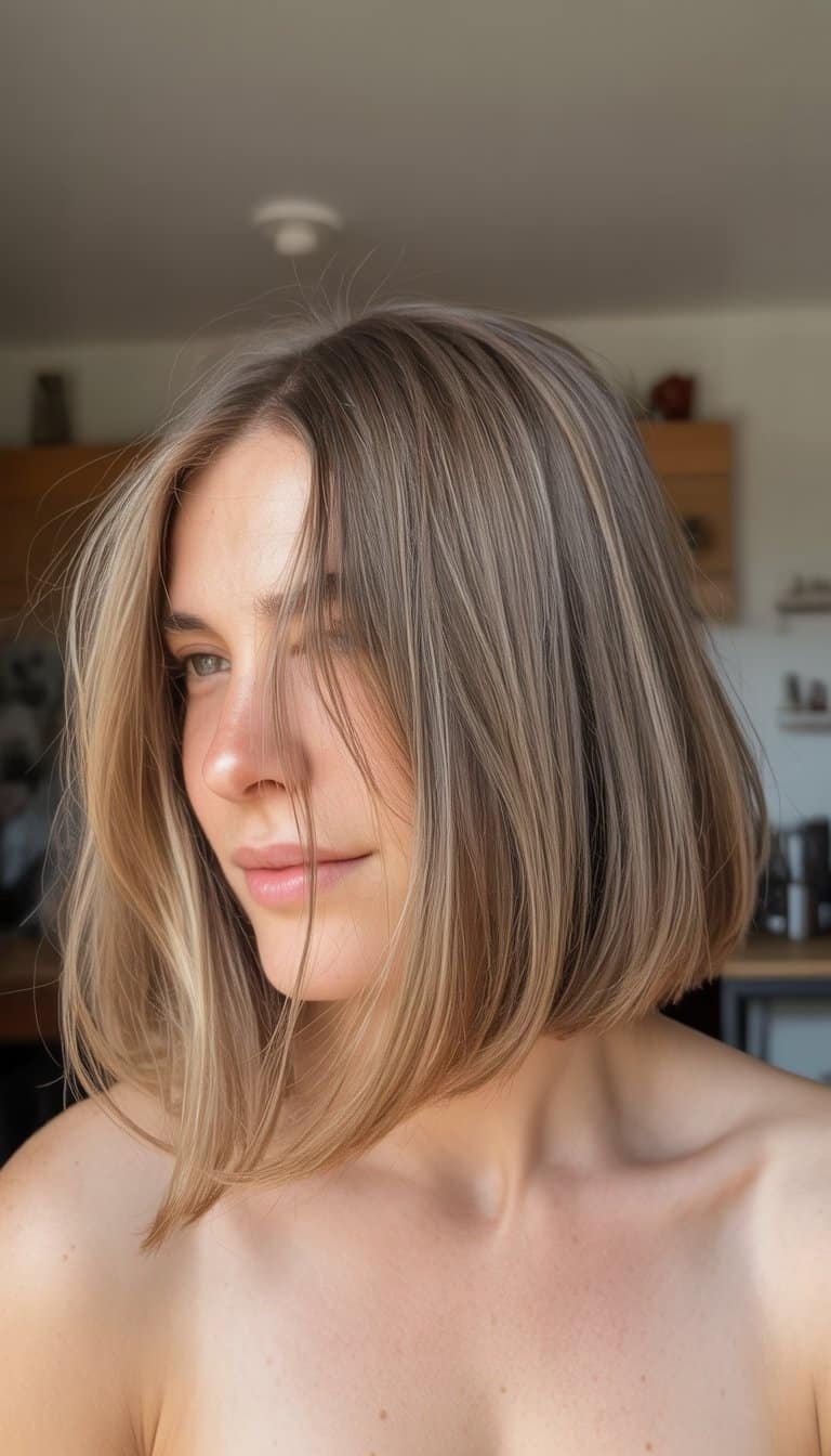 A person with a long angled bob haircut sitting indoors, smiling softly in a relaxed setting.