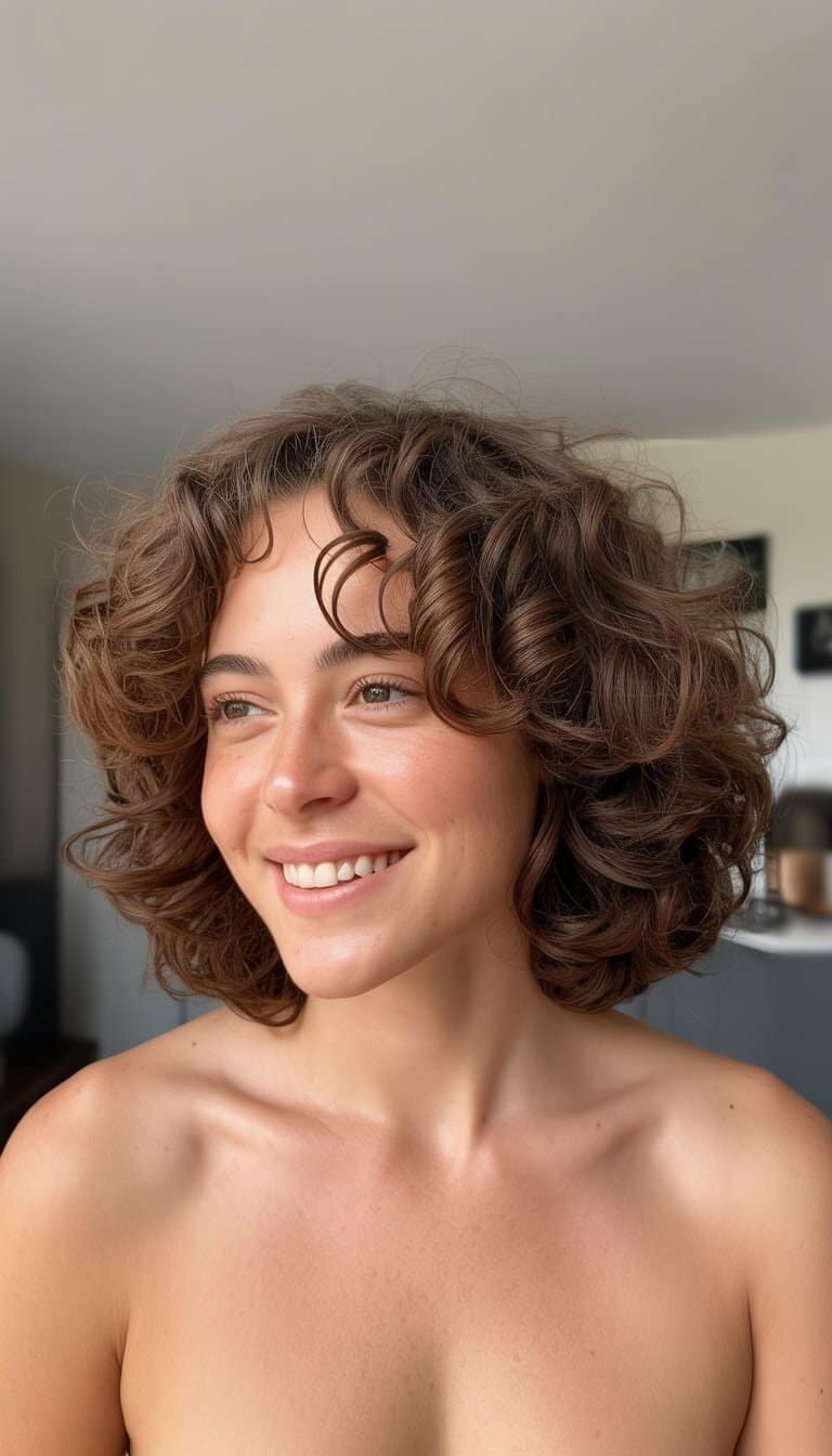 A person with curly hair smiling gently in a softly lit indoor setting.