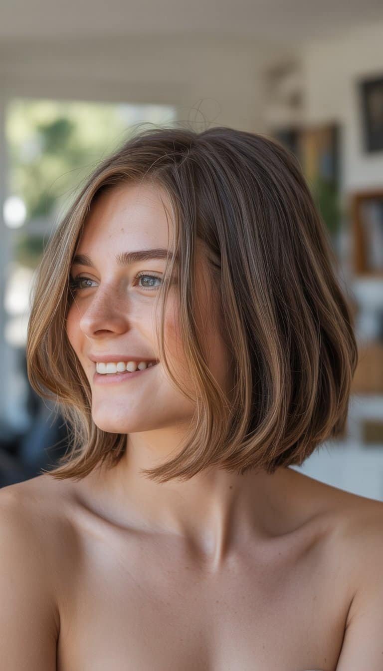 Head-and-shoulders photo of a person with a bob haircut in a casual setting, smiling gently with soft lighting.