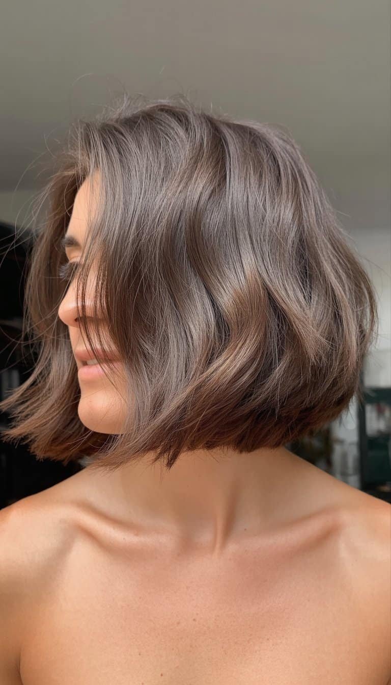 A person with shoulder-length hair sitting in a softly lit casual setting, looking relaxed and natural.