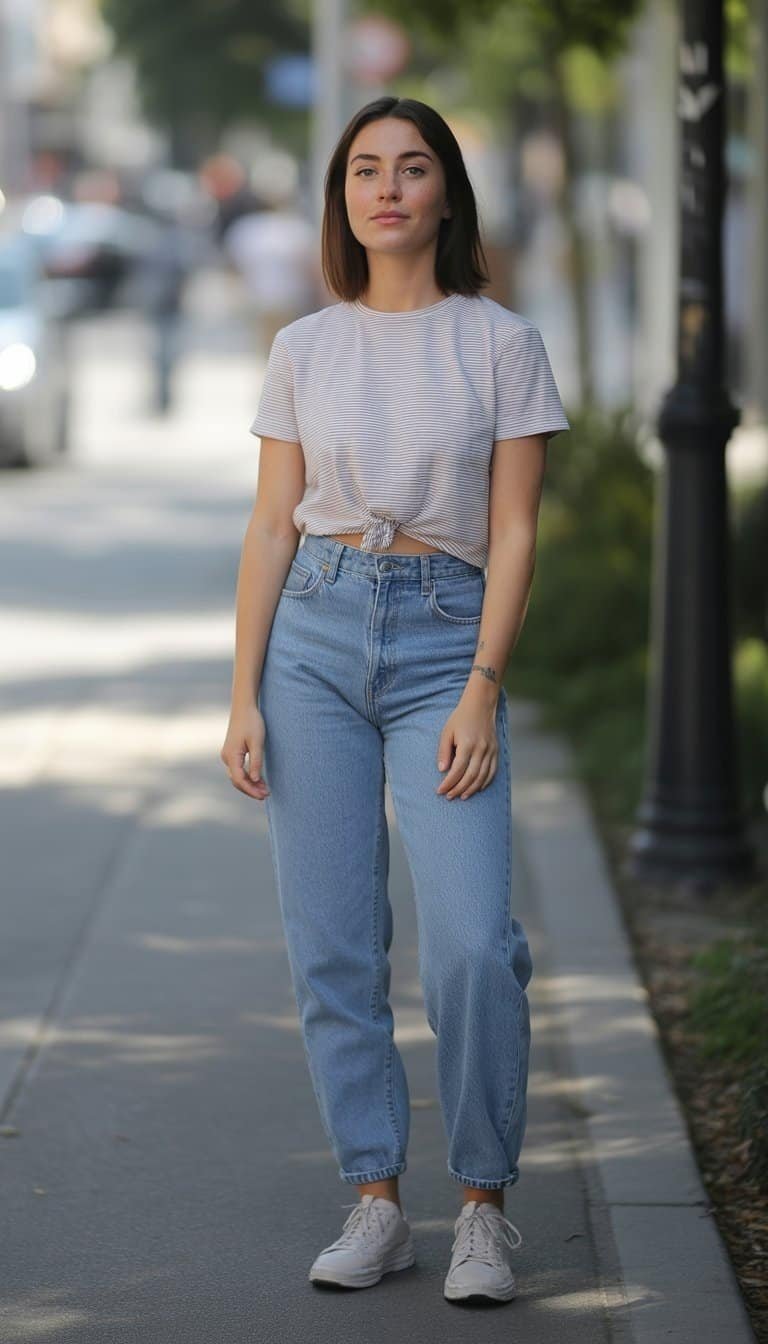 A young woman standing outdoors on a city sidewalk, wearing high-waisted jeans and a striped shirt, looking relaxed and natural.