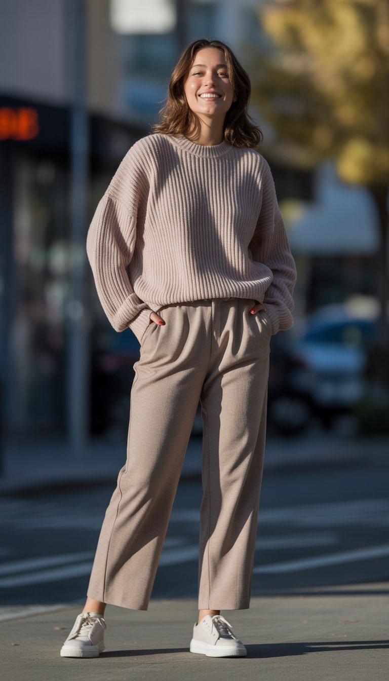 A young woman standing outdoors in a casual outfit, photographed from head to toe in an urban setting.