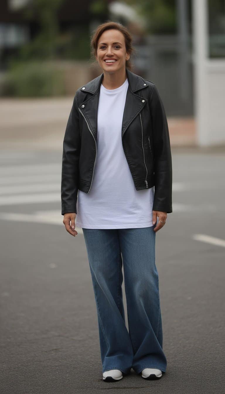 A woman standing outdoors wearing a white t-shirt and black leather jacket, photographed from head to toe in a casual setting.
