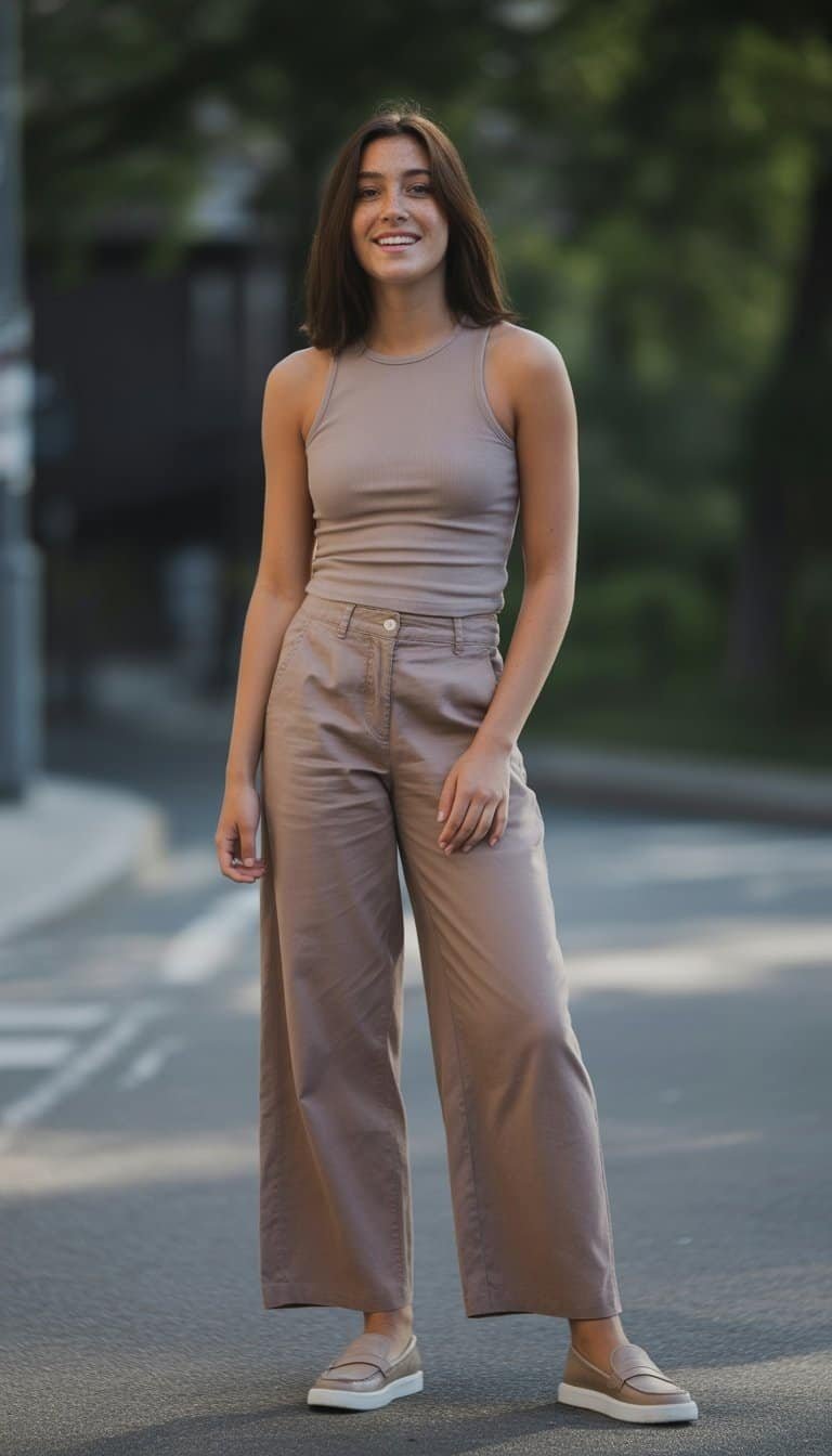 A young woman standing outdoors on a city street, wearing wide-leg pants, a fitted tank top, and slip-on shoes, looking relaxed and natural.