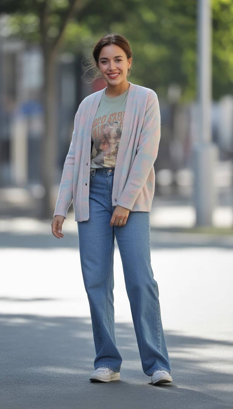 A young woman standing outdoors on a city street, wearing a cardigan, graphic t-shirt, and jeans, looking relaxed and natural.