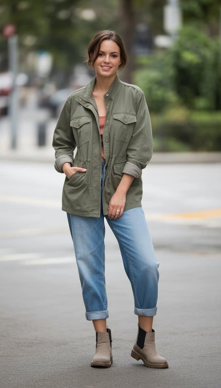 A young woman standing outdoors wearing a jacket, jeans, and boots, seen from head to toe.