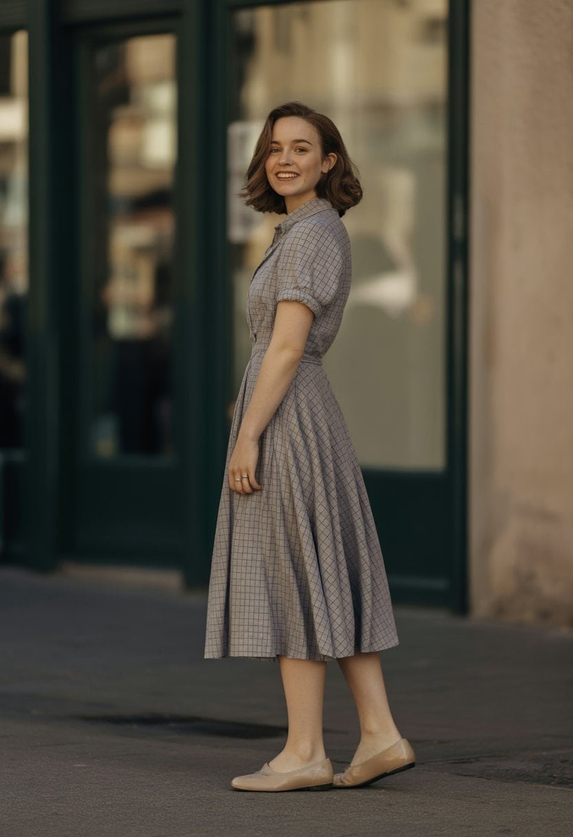 A young woman standing on a city street wearing a vintage dress, captured in a full-body photo with a natural expression.