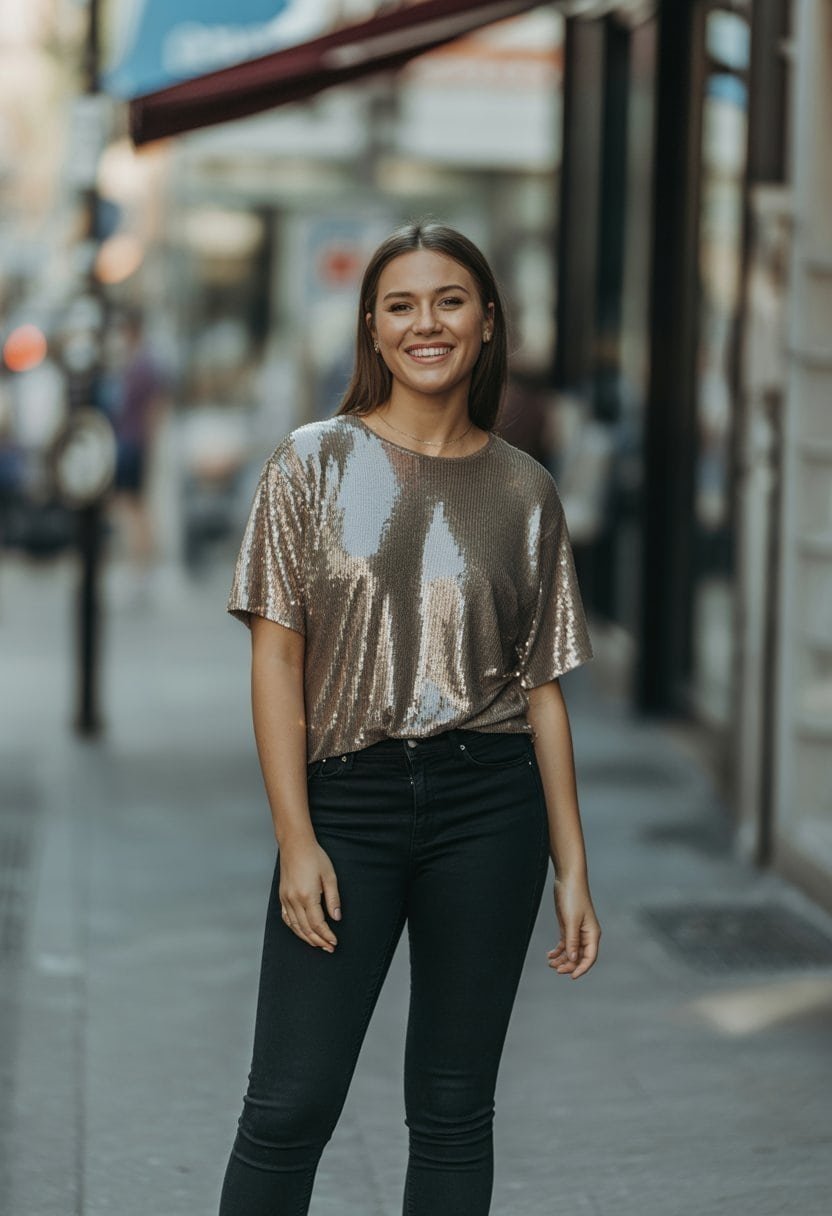 A young woman standing outdoors on a city street, wearing a sequined top and black jeans, smiling naturally.