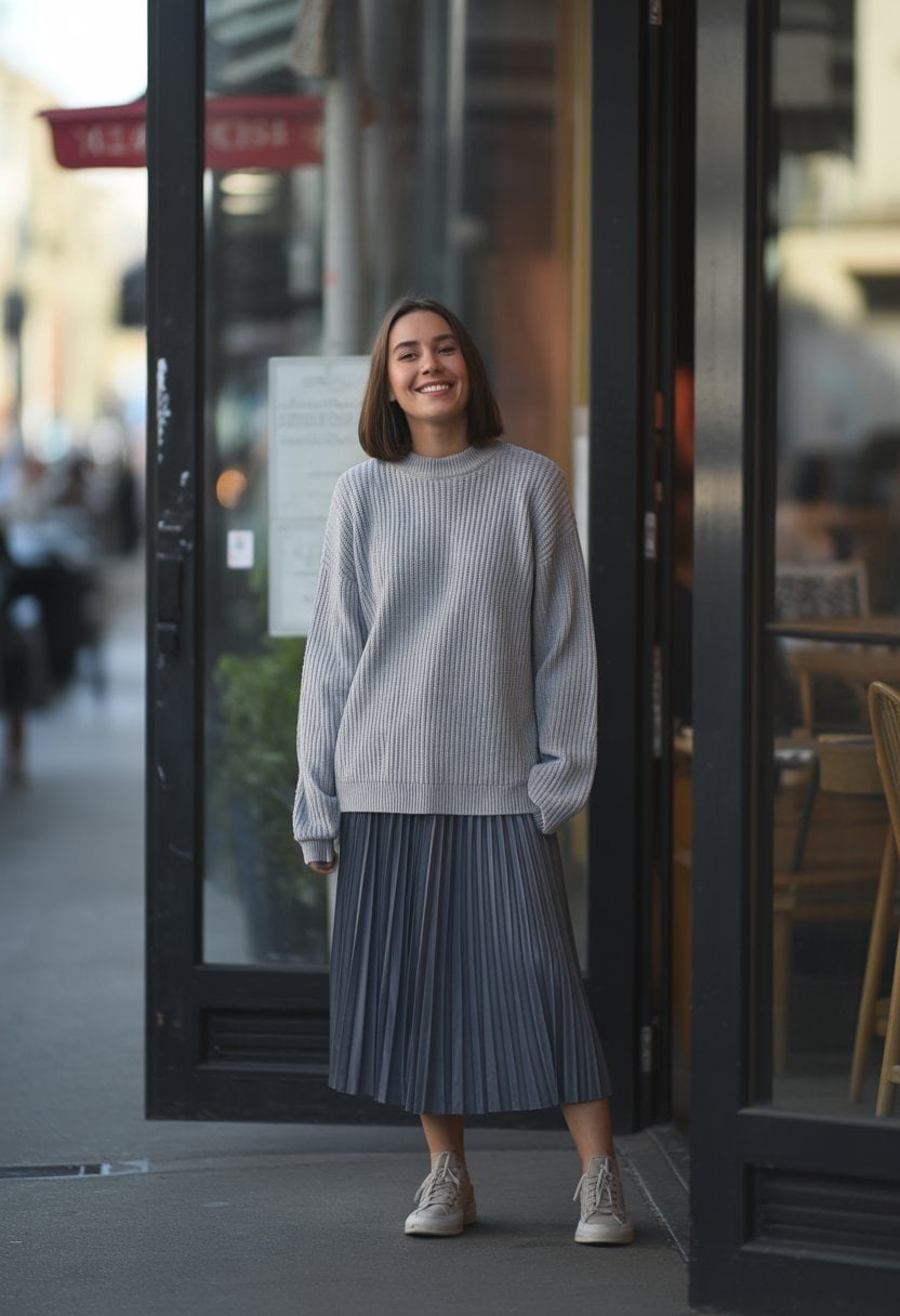 A young woman standing outdoors in a city setting, wearing a sweater and skirt, looking relaxed and confident.