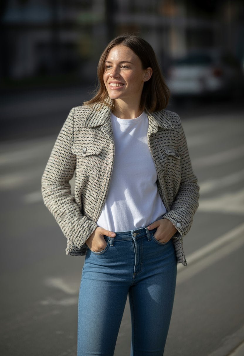 A young woman standing outdoors in a casual outfit, wearing a jacket, white shirt, and jeans.