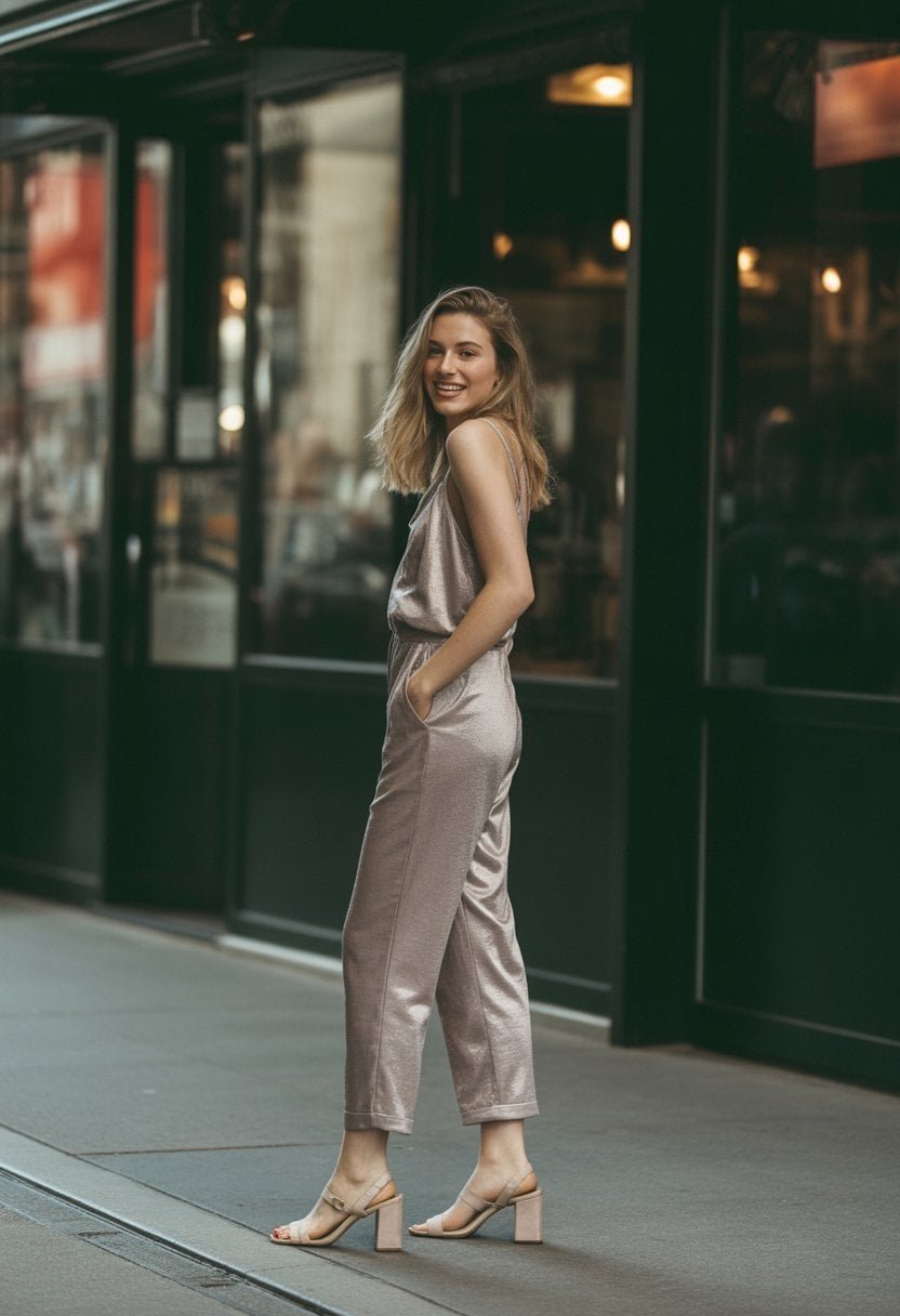 A young woman standing on a city street wearing a shimmery jumpsuit and block heels, captured in a full-body shot with a natural expression.