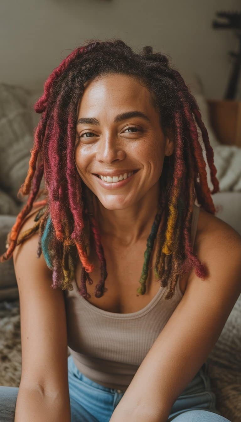 A woman with dyed locs stands in a casual setting, wearing everyday clothes and soft lighting illuminating her natural hair texture.