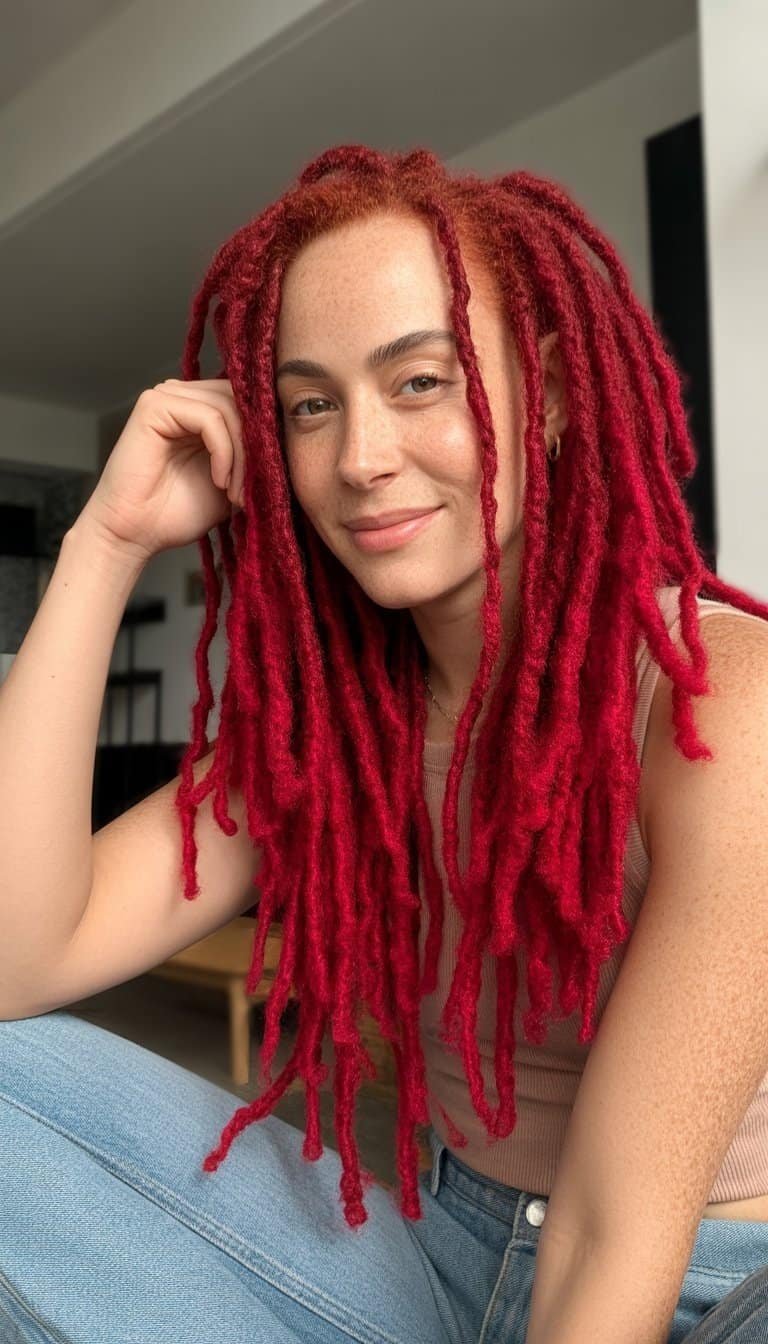 A woman with red locs smiling in a casual indoor setting with soft natural light.