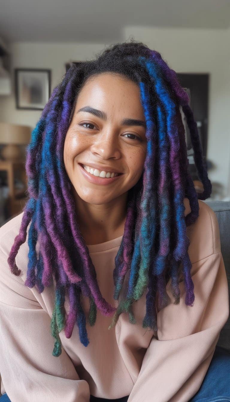 A woman with colorful locs sits casually in a softly lit room wearing casual clothes.