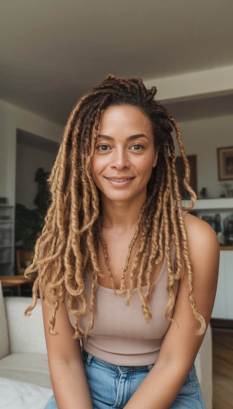 A woman with honey blonde locs in casual clothing sitting in a relaxed indoor setting.