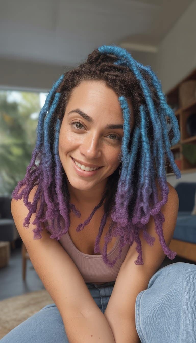A woman with blue to purple ombre locs smiling in a casual setting with soft lighting.
