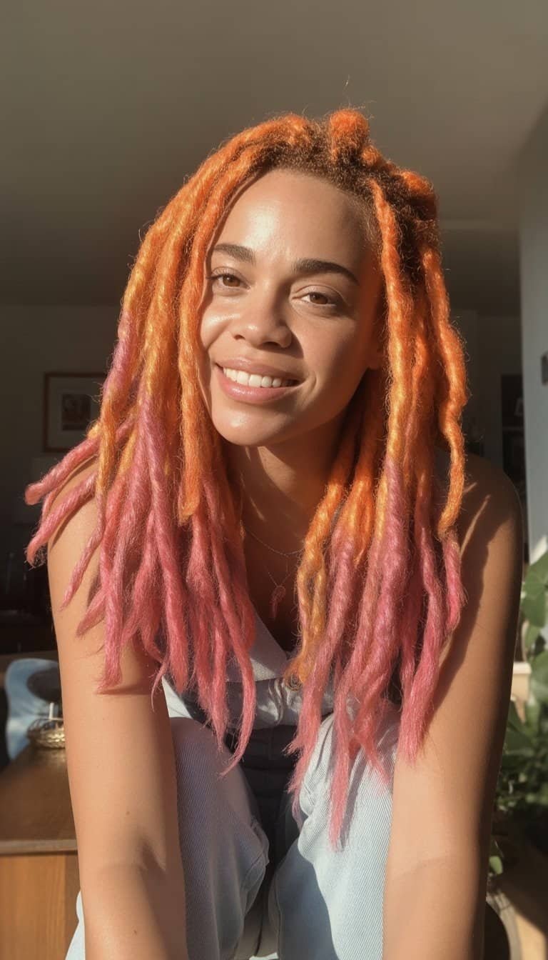 A woman with colorful locs stands outdoors in soft light, wearing casual clothes and smiling gently.