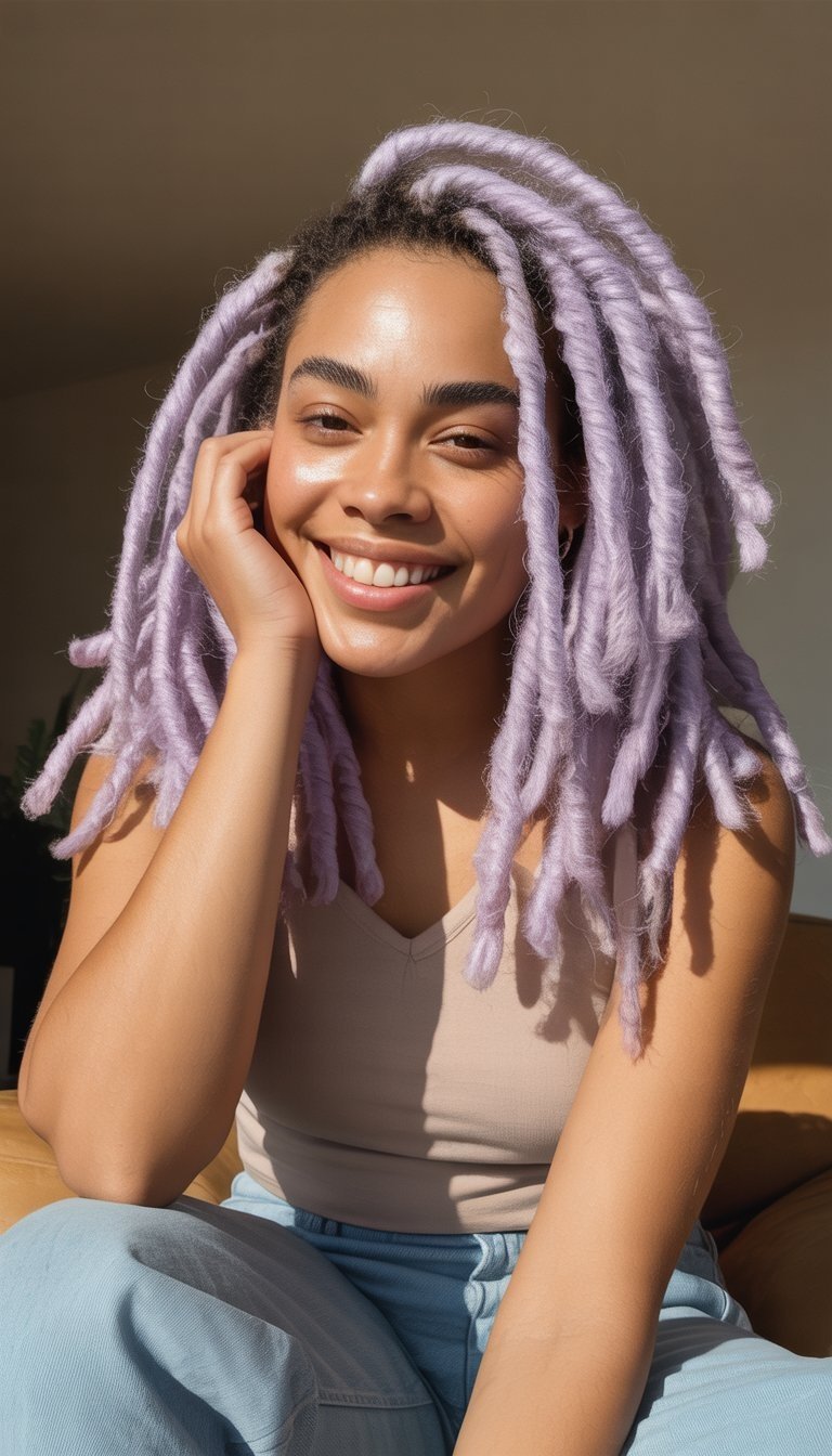 A woman with pastel lavender locs sitting in a relaxed setting, smiling gently.