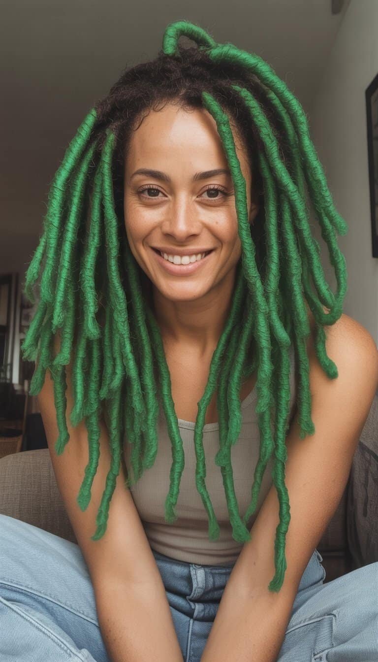 A woman with bright green locs wearing casual clothes, smiling softly in a simple indoor setting.