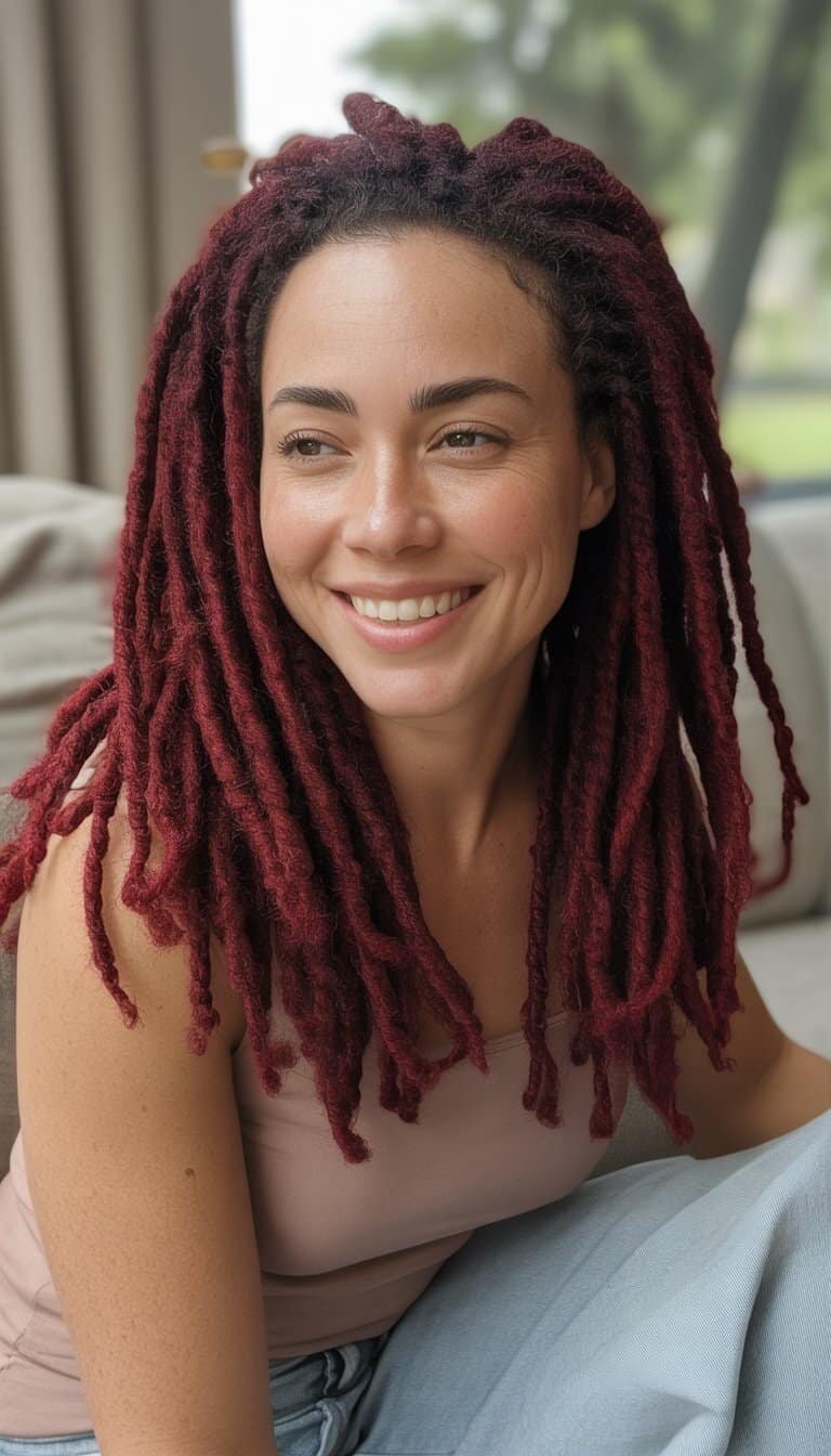 A woman with deep burgundy locs wearing casual clothes, smiling softly in a relaxed indoor setting.