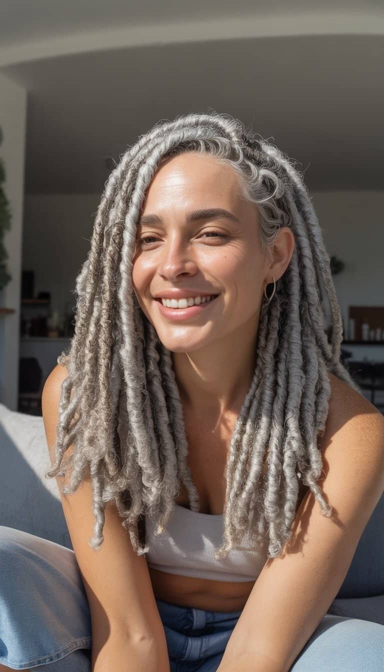 A woman with silver and grey locs wearing casual clothes, standing in a softly lit everyday setting.